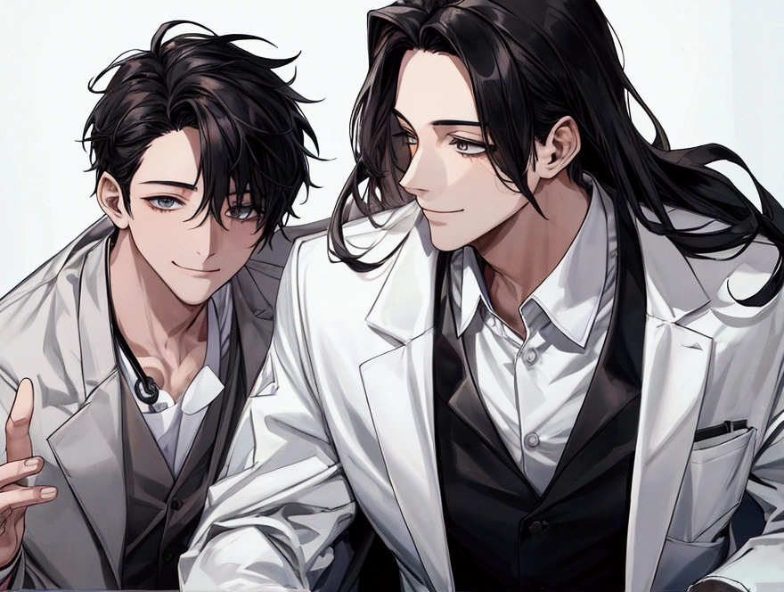 masterpiece,Dynamic Angle,Face close-up,masterpiece,30 year old mature male doctor,Horny,smile,One person、excited,transformation,Black Hair,Slightly longer hair, Scientist,Wear a white coat as a doctor's outfit,(White Undershirt 1.5),In the lab,(The background is the laboratory.),