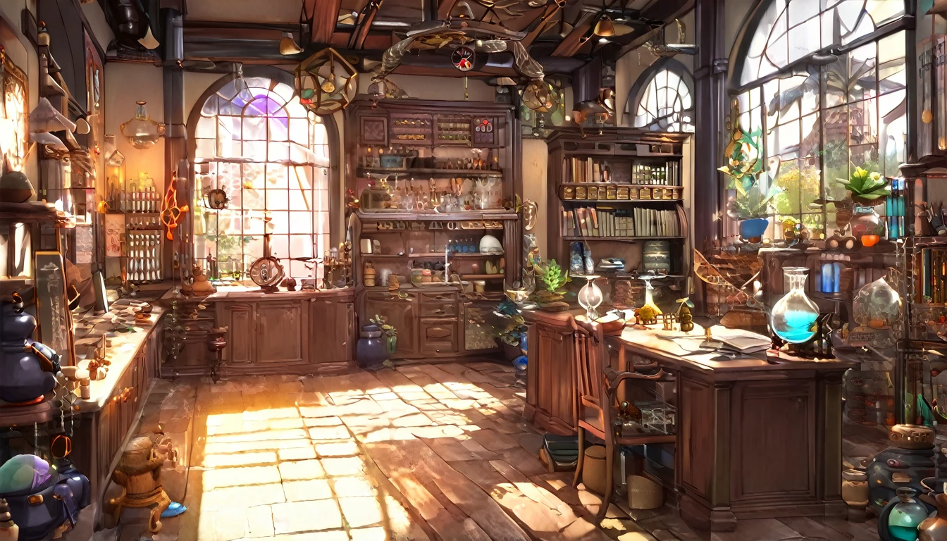 Cover page, High resolution, Highest quality, Highest quality, Paid reward available, An unparalleled masterpiece, Perfect artwork, Absurd, High quality illustrations, 超High resolution, Detailed Background, Perfect Anatomy(One boy, alone, kemono, Furry Personification, Alchemist, experiment)Many pottery, a room with many windows, In a cluttered laboratory, スチームパンクのexperiment室で, fantasy Alchemist laboratory, Inside the weapon shop, Cinema Lighting,