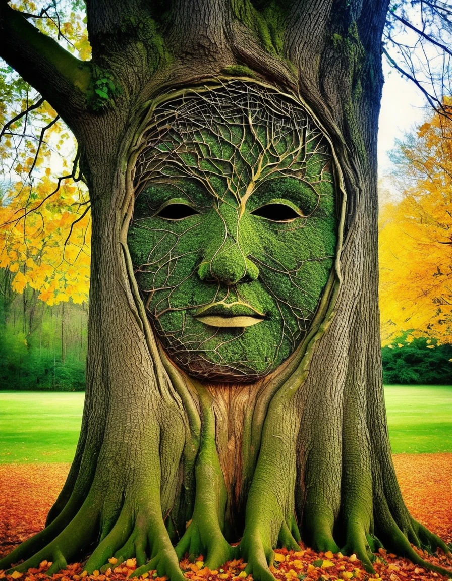 A tree whose leaves and branches meet together to create an image resembling a human face. Born from dreams and magic...