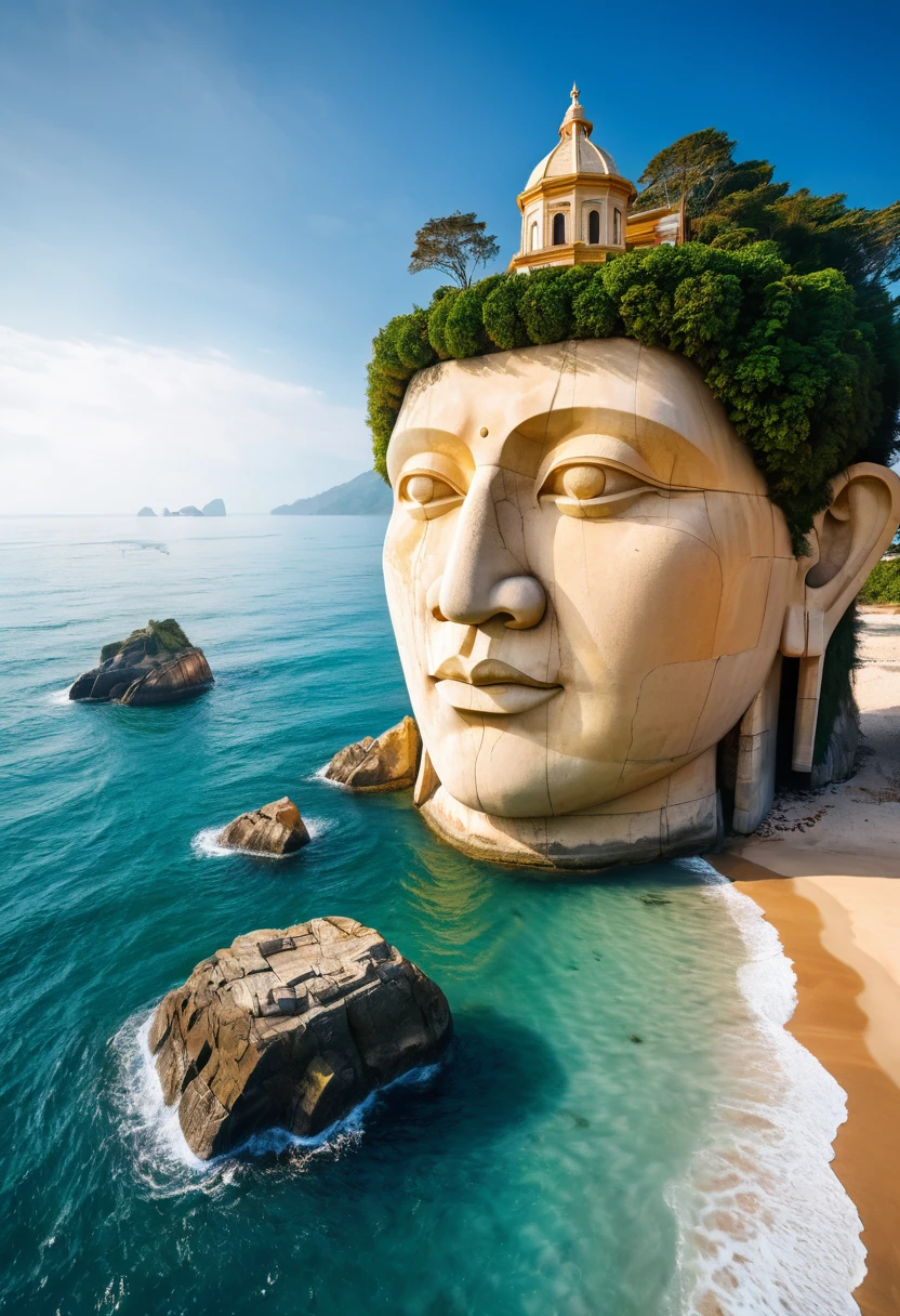 (masterpiece, best quality:1.2), Super Detail, light, HDR, illustration, Giant stone heads become habitats in the sea, rich and colorful, The monks, mystery, Very detailed, High contrast, Golden Ratio Composition, Epic views, masterpiece,