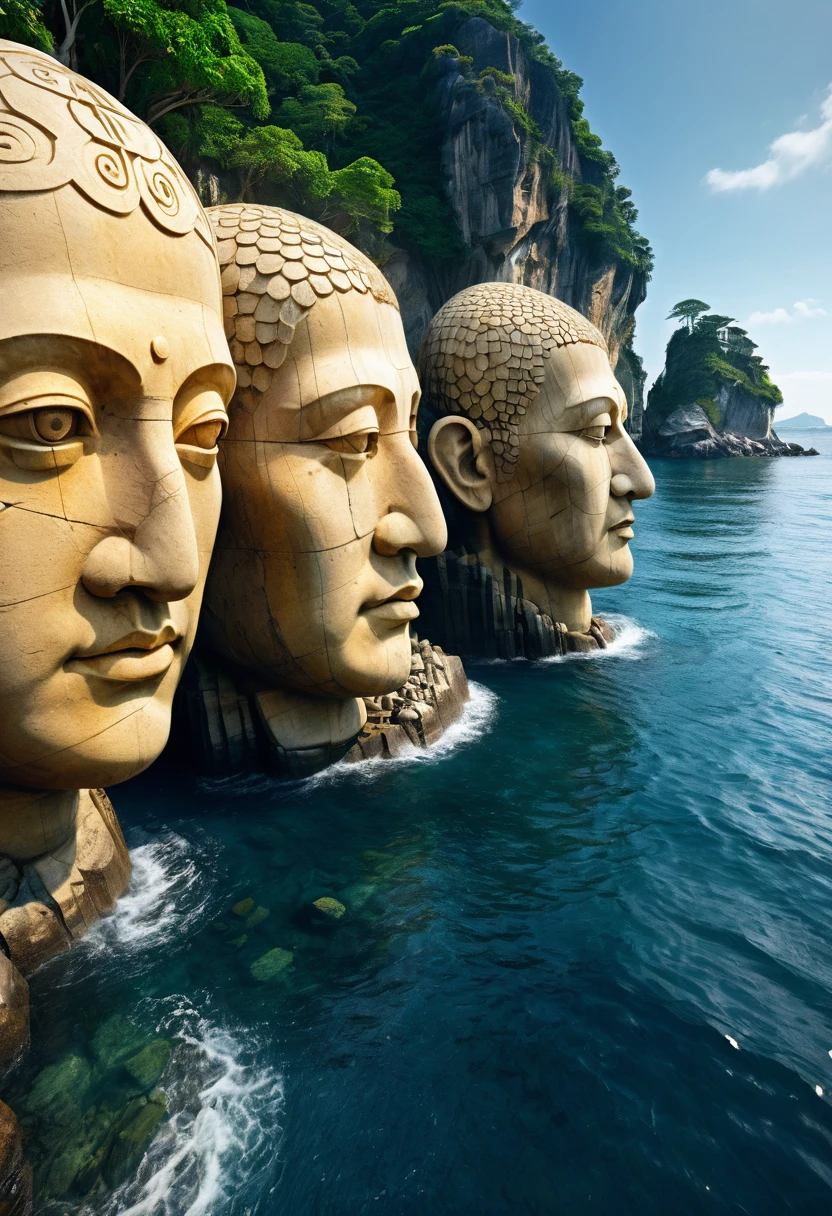 (masterpiece, best quality:1.2), Super Detail, light, HDR, illustration, Giant stone heads become habitats in the sea, rich and colorful,  The monks, mystery, Very detailed, High contrast, Golden Ratio Composition, Epic views, masterpiece,