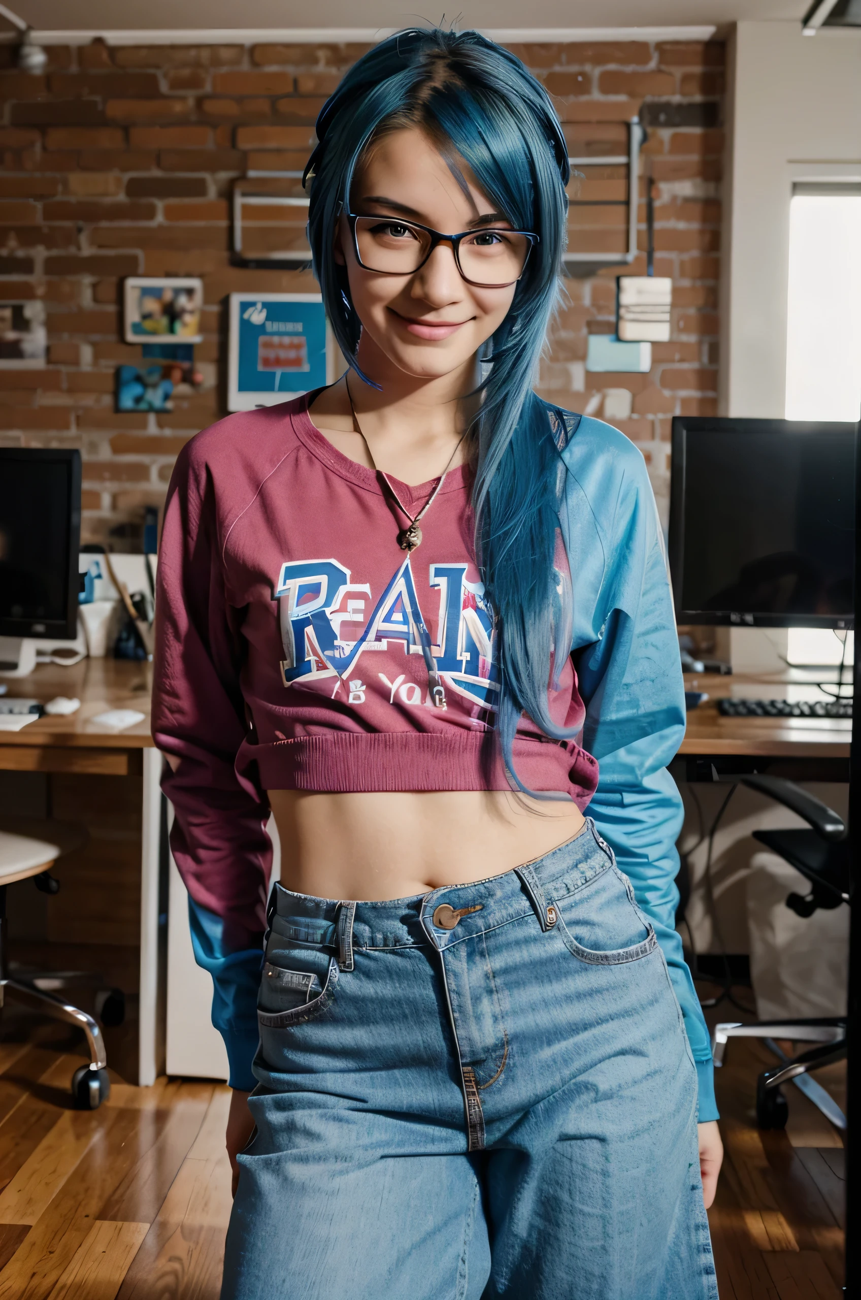 Slim, glasses, dyed blue hair, quirky, casual, fun-loving, gamer, nerdy, smiling, full color, real teen 18 years old, 4k