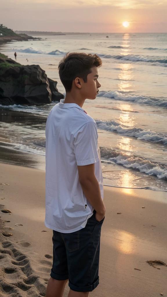 posing boy wearing white shirt on sunset back of the boy
