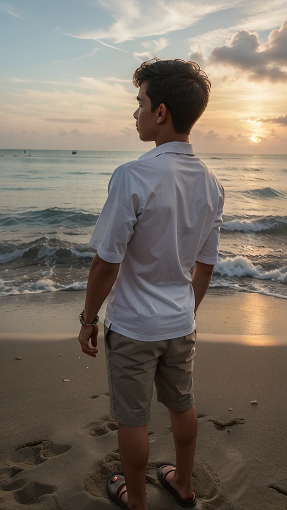 a boy in the beach, wearing a fashion clothes and his back are on teh view point, watching the sunset