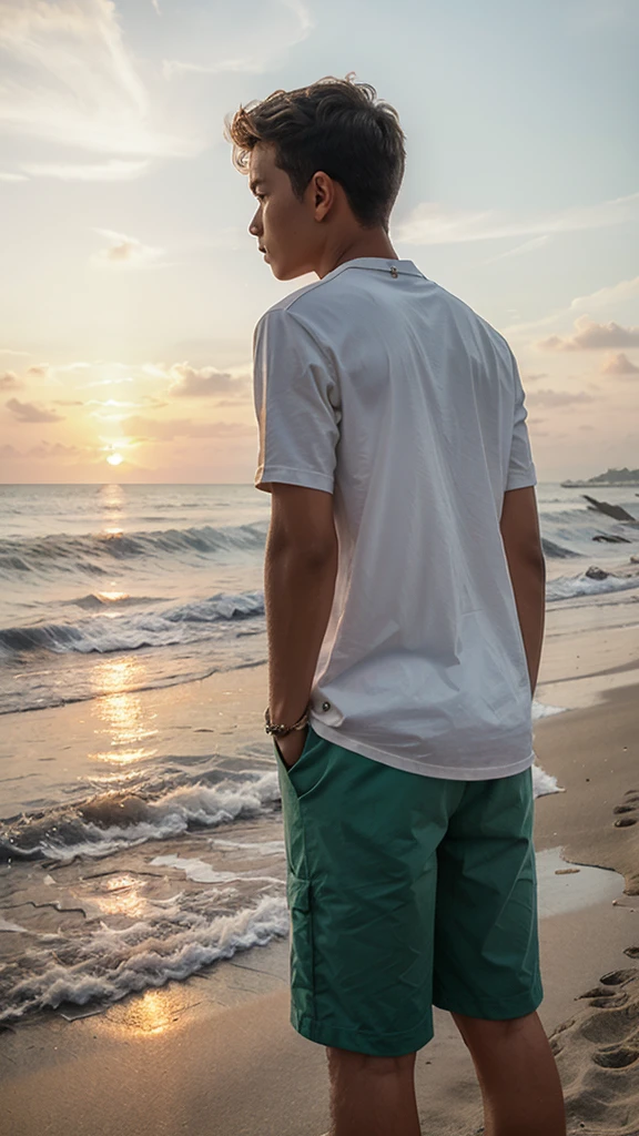 a boy in the beach, wearing a fashion clothes and his back are on teh view point, watching the sunset 