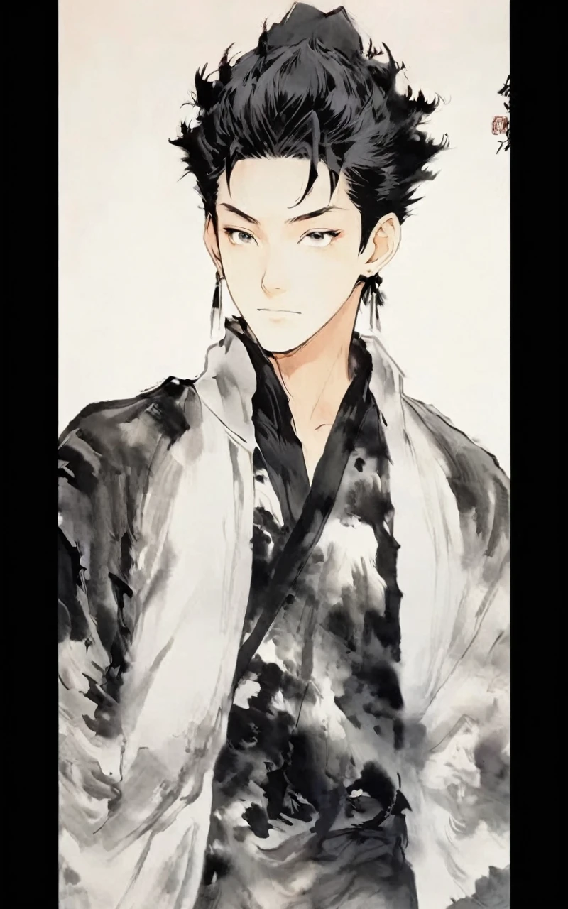 Kuroo from haikyuu, Movie light, fashion, top light, close-up, close-up, spotlight, hazy, Chen family cold, ink portrait, kuroo from haikyuu,kuroo Kotaro from haikyuu,Strong and masculine body with gorgeous clothing china ,Line Art,Chinese ink ,Chinese ink