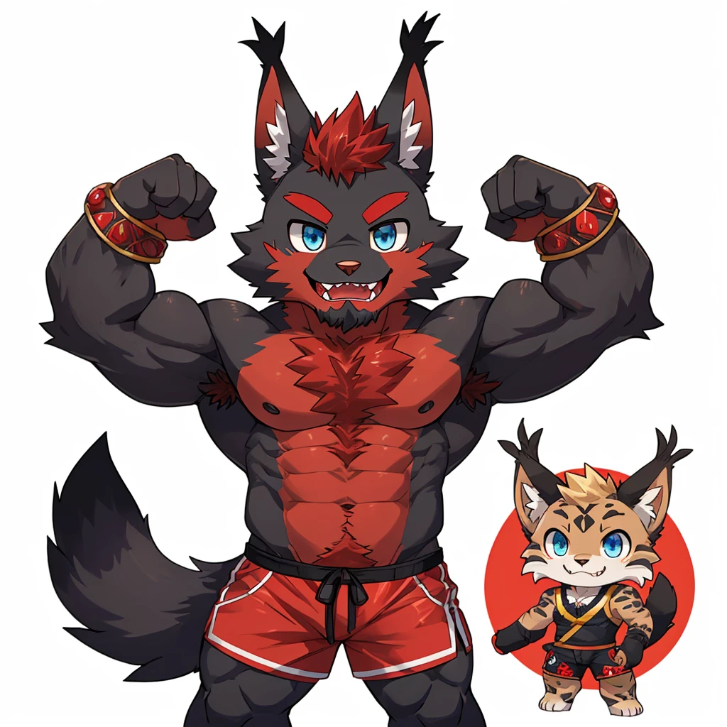 ((Furry lynx cat)), ((chibi)), chibi, chibi, chibi, chibi, body fully covered in black fur, ((fully covered in black fur)), ((black fur)), sharp fangs, sharp teeth, summer shorts outfit, cute, blue eyes, red chest hair, red eyebrows, red armpit hair, black nose, black tail, black tail with red tip, red whiskers, happy, smile, correct Anatomy, correct hand, ((white background)), (Acting happy), (hands up), enjoy, ((front view)), full body, sexy, (flexing), (muscle), black tail, black tail red tail tip, red eyebrows, red chest hair, red armpit hair, chibi, chibi, chibi, chibi