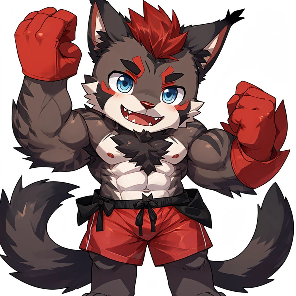 ((Furry lynx cat)), ((chibi)), chibi, chibi, chibi, chibi, body fully covered in black fur, ((fully covered in black fur)), ((black fur)), sharp fangs, sharp teeth, summer shorts outfit, cute, blue eyes, red chest hair, red eyebrows, red armpit hair, black nose, black tail, black tail with red tip, red whiskers, happy, smile, correct Anatomy, correct hand, ((white background)), (Acting happy), (hands up), enjoy, ((front view)), full body, sexy, (flexing), (muscle), black tail, black tail red tail tip, red eyebrows, red chest hair, red armpit hair, chibi, chibi, chibi, chibi