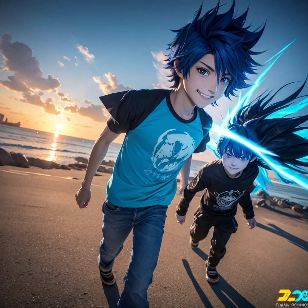 a monster standing next to a guy with blue wings that looks like he is a Japanese anime style, Gaming texture, manga cover style, Dota2 hero VConUPLE, A close up of A man Person Walking Facing Right, high angle perspective, a Mouth Smile, Boys Face style, Black with Blue Japanese Hairstyles For Men, Yellow_Eyes, skill Efforts, light, Blue flames cool, High, a anime Highest style, Blue Hair, powerful, T-shirts, Color cape Blue, a in cool Realistis, a scenery sunset background Buram Perbesaran, digital anime style, sunset, UHD, Lens flare, digital Style, manga cover style, 3d cg rendering, HD Best quality