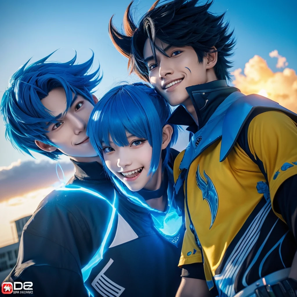 a monster standing next to a guy with blue wings that looks like he is a Japanese anime style, Gaming texture, manga cover style, Dota2 hero VConUPLE, A close up of A man Person Walking Facing Right, high angle perspective, a Mouth Smile, Boys Face style, Black with Blue Japanese Hairstyles For Men, Yellow_Eyes, skill Efforts, light, Blue flames cool, High, a anime Highest style, Blue Hair, powerful, T-shirts, Color cape Blue, a in cool Realistis, a scenery sunset background Buram Perbesaran, digital anime style, sunset, UHD, Lens flare, digital Style, manga cover style, 3d cg rendering, HD Best quality