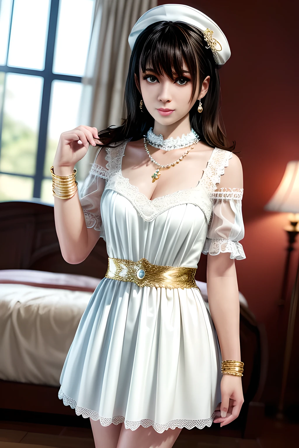1girl is wearing a graceful white dress with a pearl necklace. The dress is adorned with delicate lace and has capped sleeves. The fabric is embellished with sparkling accents resembling stars. The person is also wearing a gold bracelet on their left wrist. Their hair is styled in an elegant updo, and they are wearing dangling earrings. The background features an indoor setting with soft lighting, a floor lamp, and translucent curtains that let in gentle daylight, creating a serene and sophisticated atmosphere,Nanami