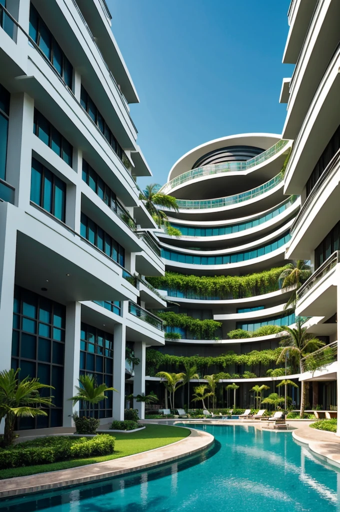5 star ecoresort hotel.
Type of futuristic architecture Exterior perspective where the entire building can be seen