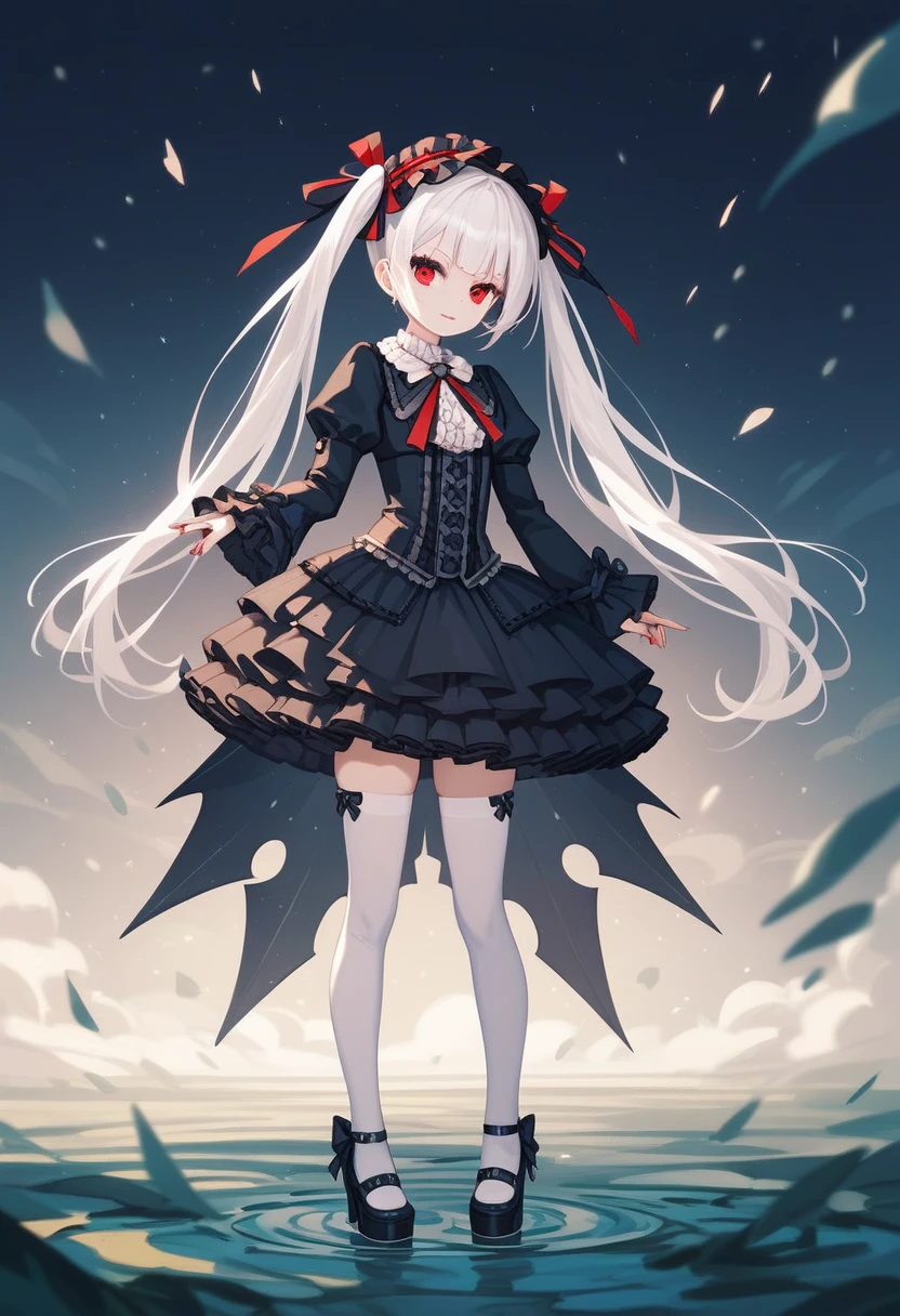 masterpiece, top-quality, masterpiece, top-quality,ighly detailed,{top-quality}, {{masterpiece}}, {hight resolution},original, {extremely delicate and beautiful},masterpiece, top-quality,ighly detailed,{top-quality},white hair, gothic ta, full body, standing, white thighhighs, short dress, black dress, twintails,