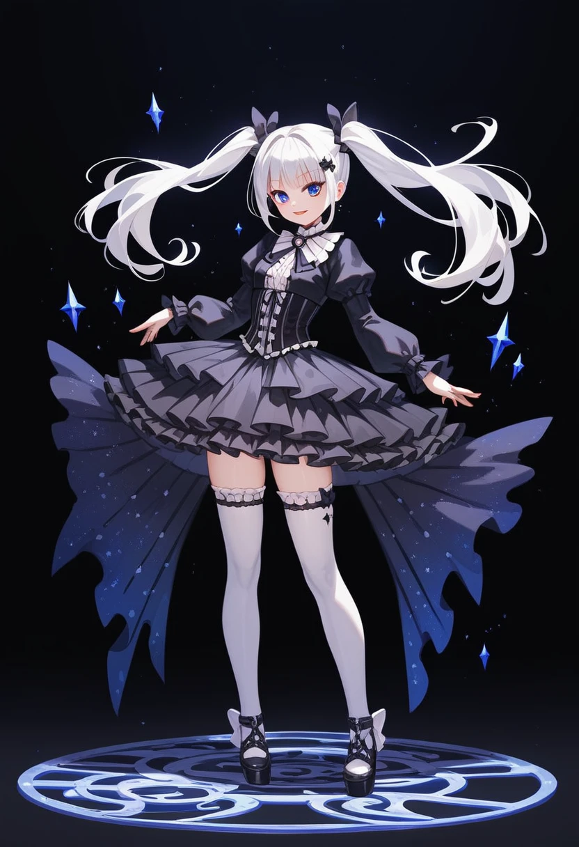 masterpiece, top-quality, ​masterpiece, top-quality,ighly detailed,{top-quality}, {{​masterpiece}}, {hight resolution},original, {extremely delicate and beautiful},​masterpiece, top-quality,ighly detailed,{top-quality},white hair, gothic ta, full body, standing, white thighhighs, short dress, black dress, twintails,