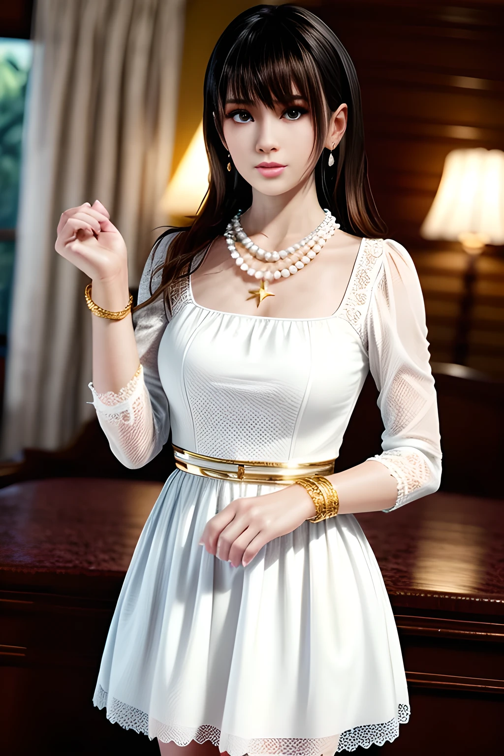 1girl is wearing a graceful white dress with a pearl necklace. The dress is adorned with delicate lace and has capped sleeves. The fabric is embellished with sparkling accents resembling stars. The person is also wearing a gold bracelet on their left wrist. Their hair is styled in an elegant updo, and they are wearing dangling earrings. The background features an indoor setting with soft lighting, a floor lamp, and translucent curtains that let in gentle daylight, creating a serene and sophisticated atmosphere,Nanami
