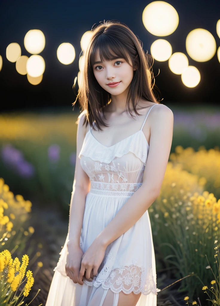 24year old beautiful girl、Beauty、Japanese、cute、beautiful girl、slim、Highest quality、Realistic、16K、panoramic、((Best Quality, 8k, Masterpiece: 1.3)), 1 girl, full body, slim face, beautiful woman, ((Tabletop:1.4, Highest quality)), (Realistic photos:1.4), 
((1 girl)), (Pure actress), (dream-like),
(超High resolution:1.2), Very delicate and beautiful, wonderful, Highly detailed CG Unity 8K wallpapers, Very detailed, High resolution, 
Soft Light, Beautiful detailed girl, Very detailed目と顔, Beautiful and detailed nose, Beautiful and detailed, 
(Wear a thin white dress:1.3), 
Cinema Lighting, Perfect Anatomy, Slender body, (Parted bangs),
(A girl standing in a flower field on the plateau at night:1.3), (Night view:1.3), (Moonlit flower field々:1.3), (Outdoor), (Light and dark contrast), (wonderful美しさ),
Cowboy Shot, Looking at the audience, (smile)
大きめの胸
