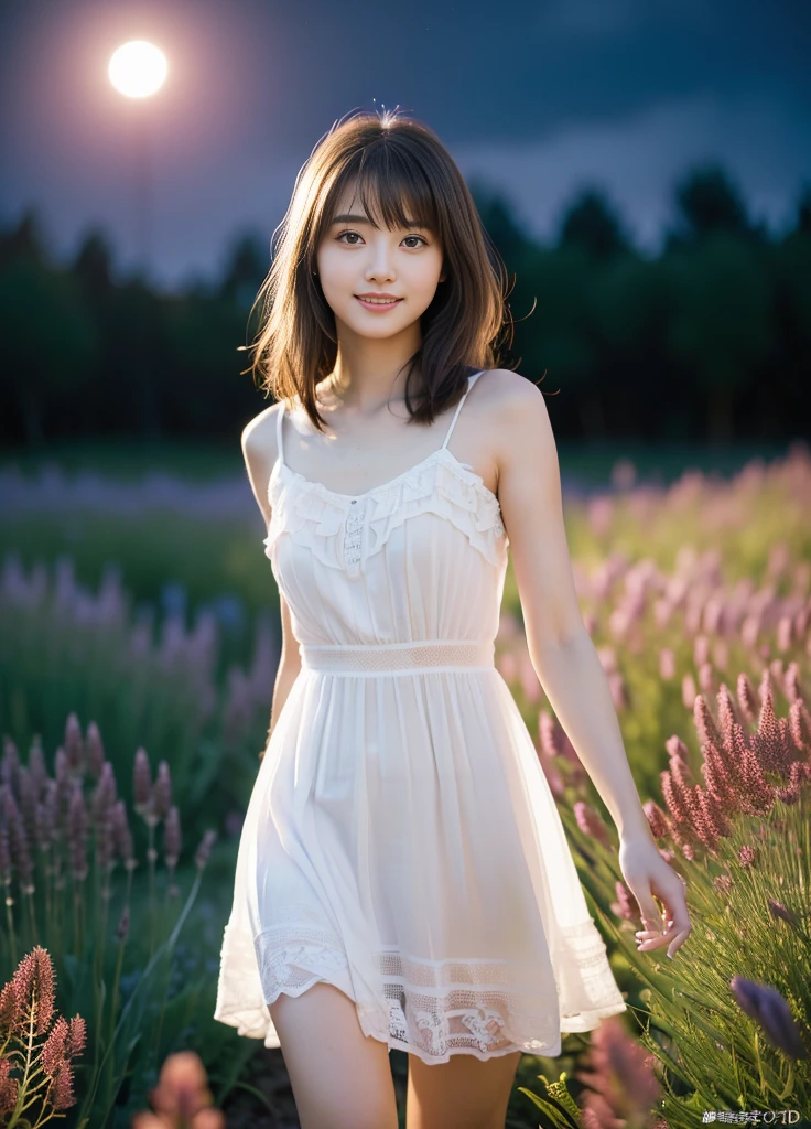 24year old beautiful girl、Beauty、Japanese、cute、beautiful girl、slim、Highest quality、Realistic、16K、panoramic、((Best Quality, 8k, Masterpiece: 1.3)), 1 girl, full body, slim face, beautiful woman, ((Tabletop:1.4, Highest quality)), (Realistic photos:1.4), 
((1 girl)), (Pure actress), (dream-like),
(超High resolution:1.2), Very delicate and beautiful, wonderful, Highly detailed CG Unity 8K wallpapers, Very detailed, High resolution, 
Soft Light, Beautiful detailed girl, Very detailed目と顔, Beautiful and detailed nose, Beautiful and detailed, 
(Wear a thin white dress:1.3), 
Cinema Lighting, Perfect Anatomy, Slender body, (Parted bangs),
(A girl standing in a flower field on the plateau at night:1.3), (Night view:1.3), (Moonlit flower field々:1.3), (Outdoor), (Light and dark contrast), (wonderful美しさ),
Cowboy Shot, Looking at the audience, (smile)
大きめの胸