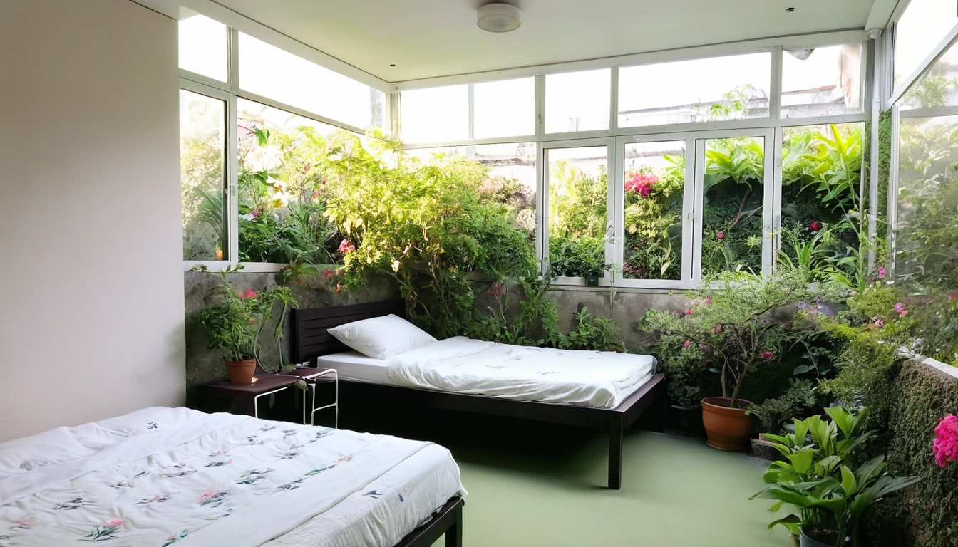 The picture shows a cozy bedroom with large windows offering views of the beautiful, dimly lit garden AND FLOWER-soaked gardens. CINEMATIC, JAPANESE HOUSE, the shape of a Japanese house, and lots of flower gardens in the garden. The bed was unmade with crumpled sheets, indicating only sleep in peace. looks dim, gloomy. Beside the bed there is a small table with a classic lamp burning which radiates warm light into the room. Outside the window, lush green plants can be seen on the terrace or balcony area, rain is falling, the lamp on the left provides warm lighting, creating a calm and peaceful atmosphere. with mist partially obscuring the landscape in the distance. The contrast between the warmth indoors and the rain outdoors creates an inviting and calming atmosphere