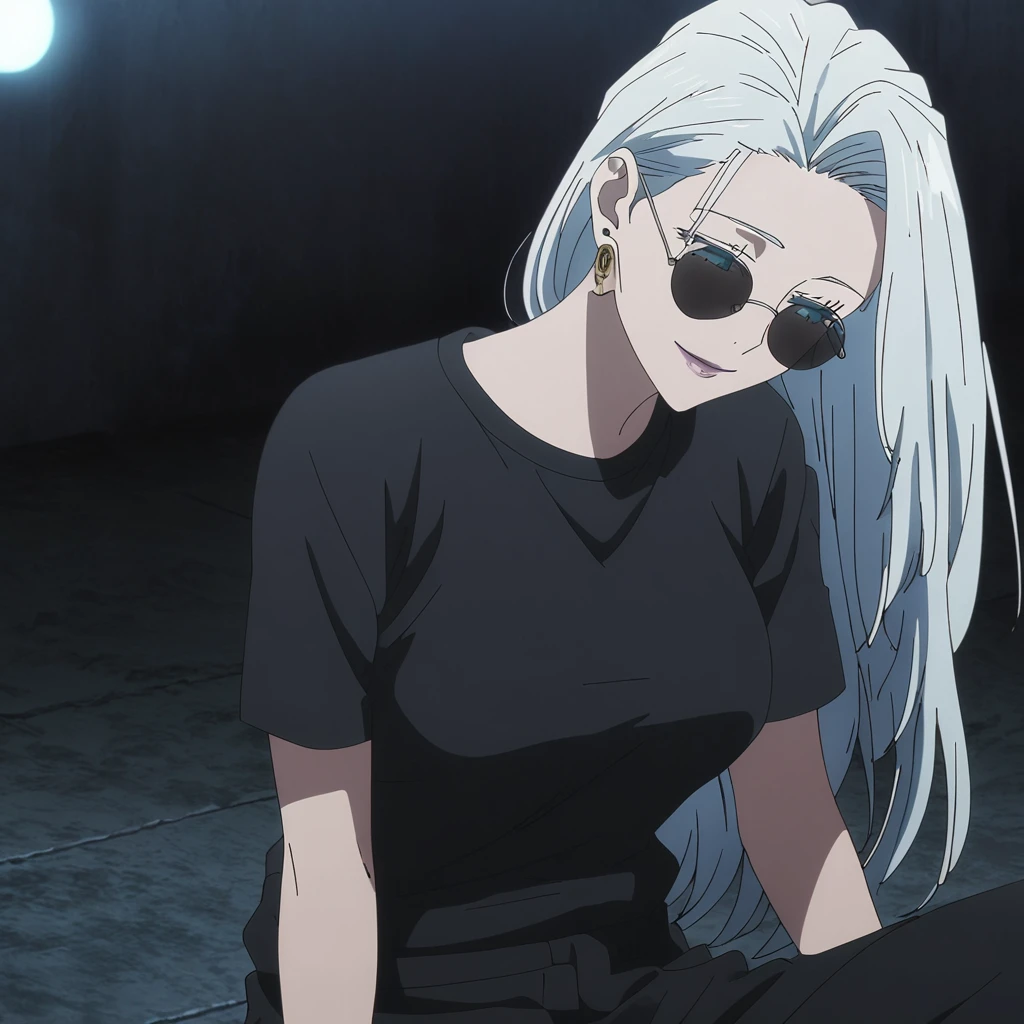 1girl, female gojo satoru, anime screencap from jujutsu kaisen, gojo satoru female version, solo, long_hair , ((wearing round sunglasses)) ((White_hair, hair slicked from one side)), night view, (hanging breasts) upper_body, smile,((dark room)) lips, (long hair) ((wearing black colour t shirt and pant)) breast, "very detailed and high resolution" ((solo)) (((front view))) (earings) ((high resolution)) ((good quality)) ((silky hair, hair slicked from one side)) ((sitting))