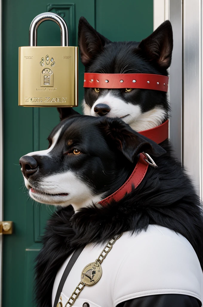 a furry Zorro white man with red and black hair, a brown spot in the right eye, a closed padlock on the left ear, green and black eyes and a paw-shaped spot on the snout.