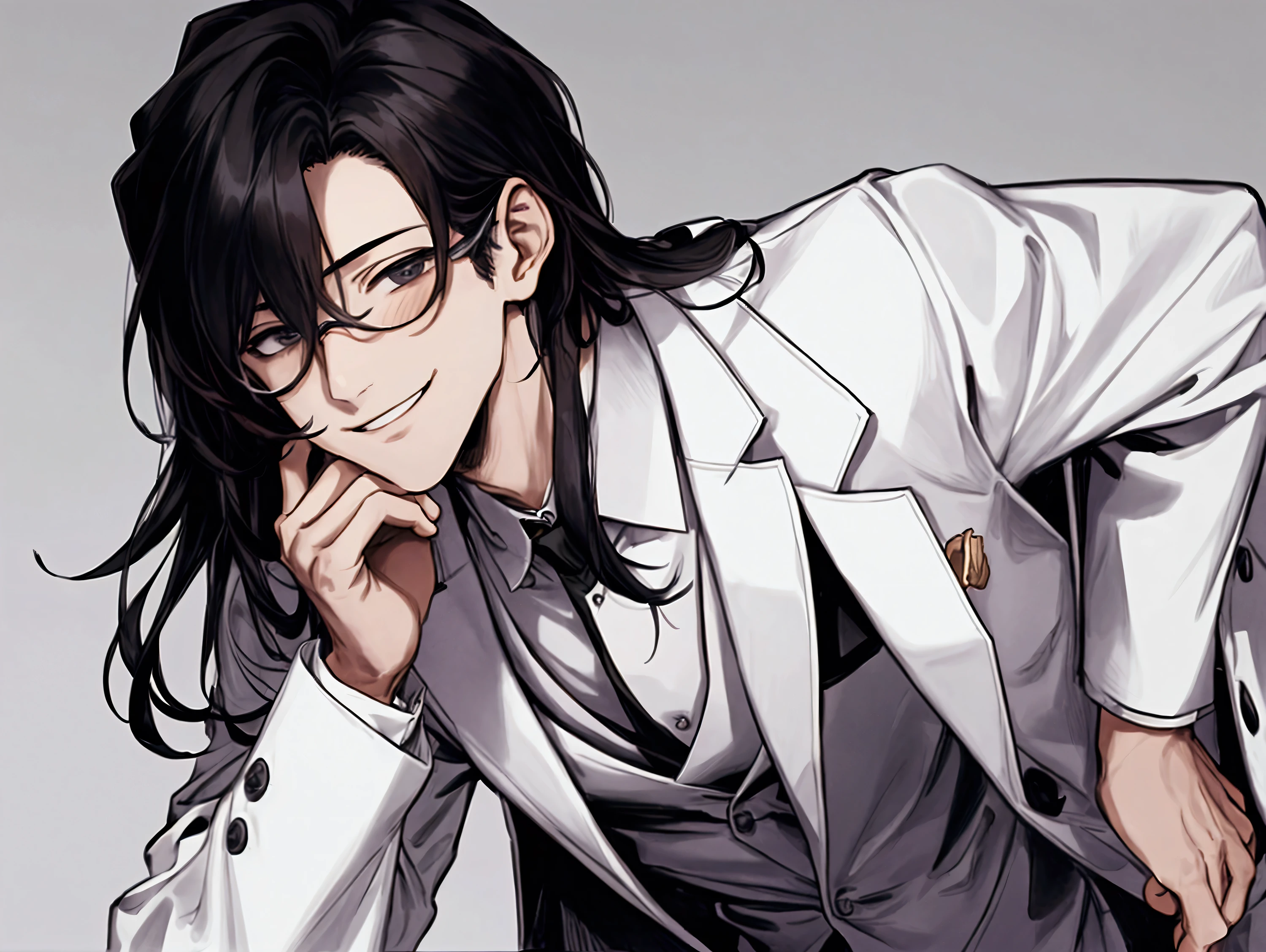 masterpiece,Dynamic Angle,Face close-up,masterpiece,30 year old mature male doctor,Horny,smile,One person、excited,transformation,Black Hair,Slightly longer hair, Scientist,Wear a white coat as a doctor's outfit,(White Undershirt 1.5),In the lab,(The background is the laboratory.),