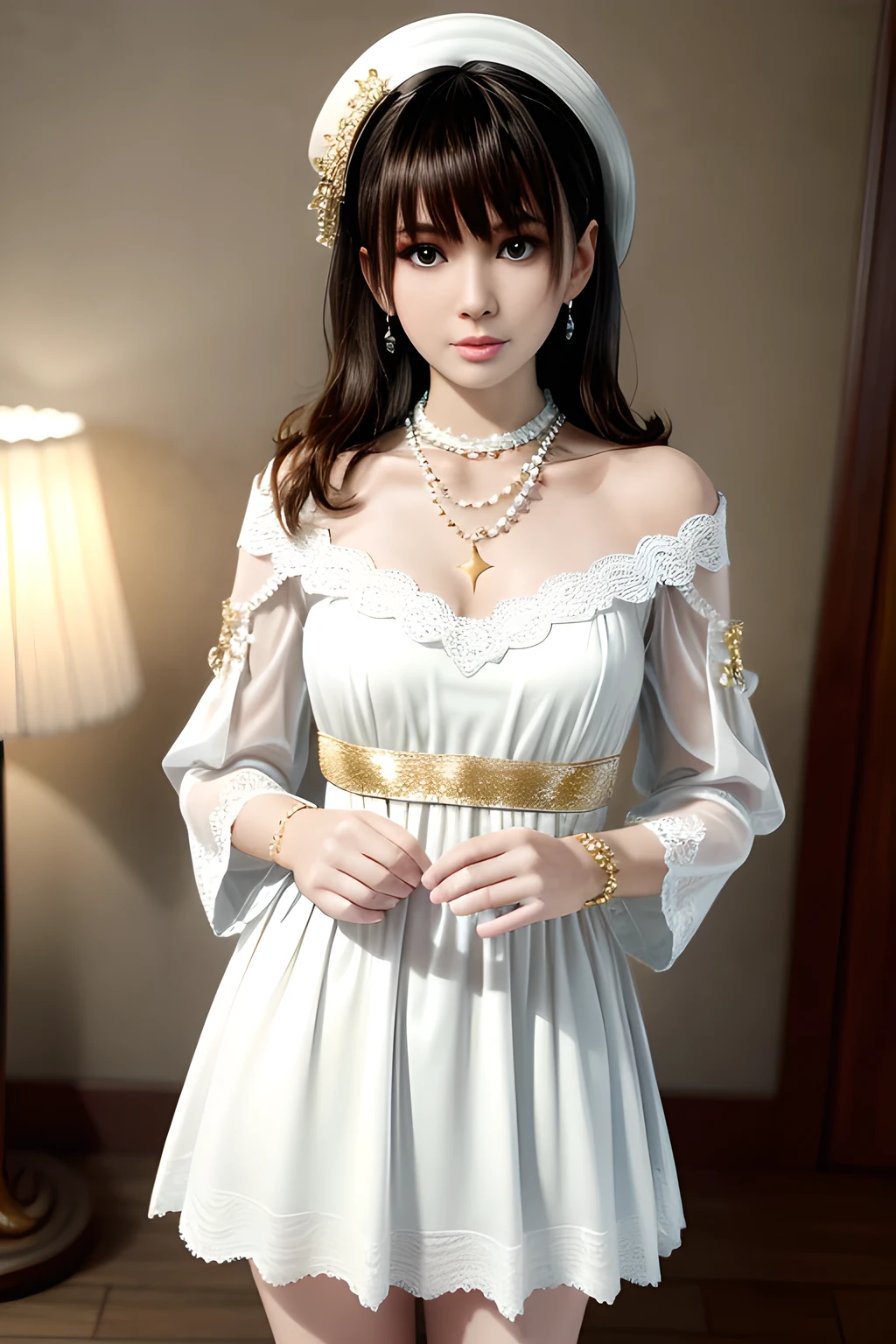 1girl is wearing a graceful white dress with a pearl necklace. The dress is adorned with delicate lace and has capped sleeves. The fabric is embellished with sparkling accents resembling stars. The person is also wearing a gold bracelet on their left wrist. Their hair is styled in an elegant updo, and they are wearing dangling earrings. The background features an indoor setting with soft lighting, a floor lamp, and translucent curtains that let in gentle daylight, creating a serene and sophisticated atmosphere,Nanami