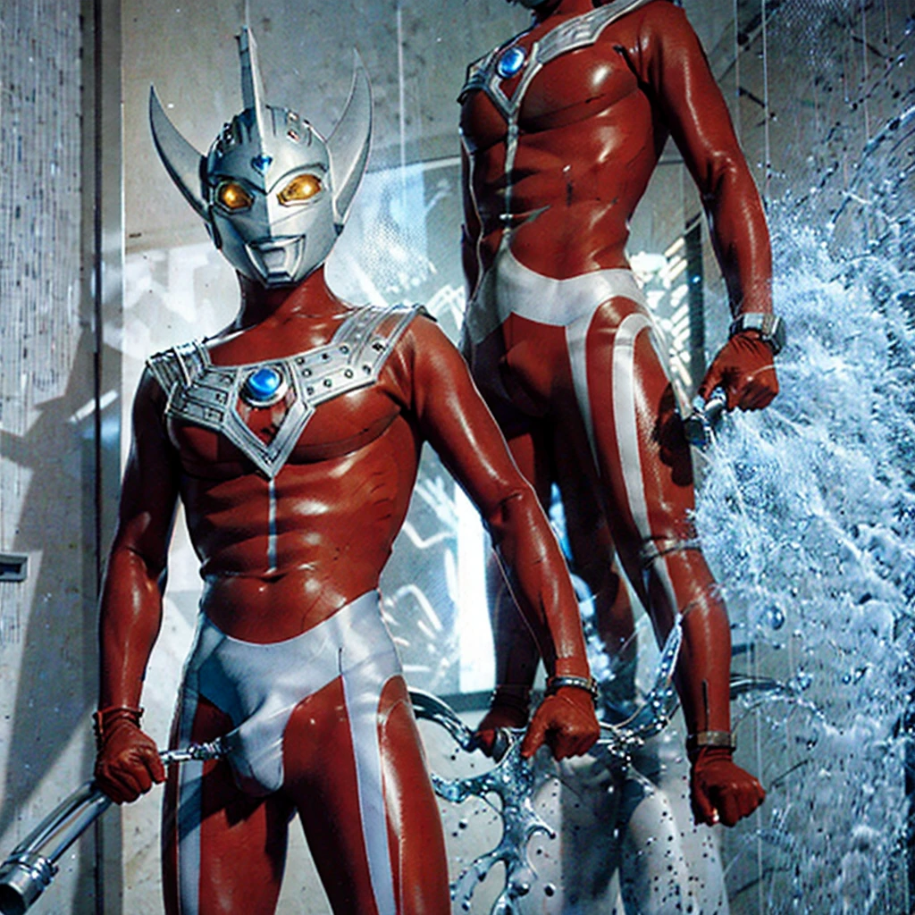 1 man, solo, 4k, 8k, ultraman taro pin up, photo realistic, bara, nude, naked body, slim body, human skin color, hairy body, head only ultraman taro with naked human body, small penis, shower room