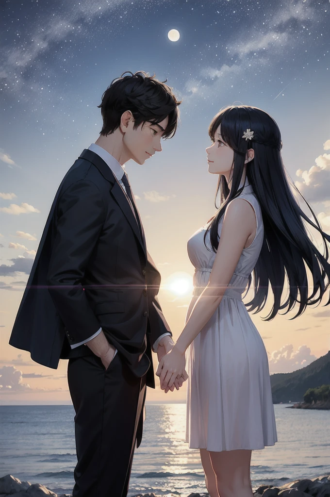Highest image quality,The background is the sunset at dusk,a young man and a woman,Only the black back can be seen,Girls clinging to boys