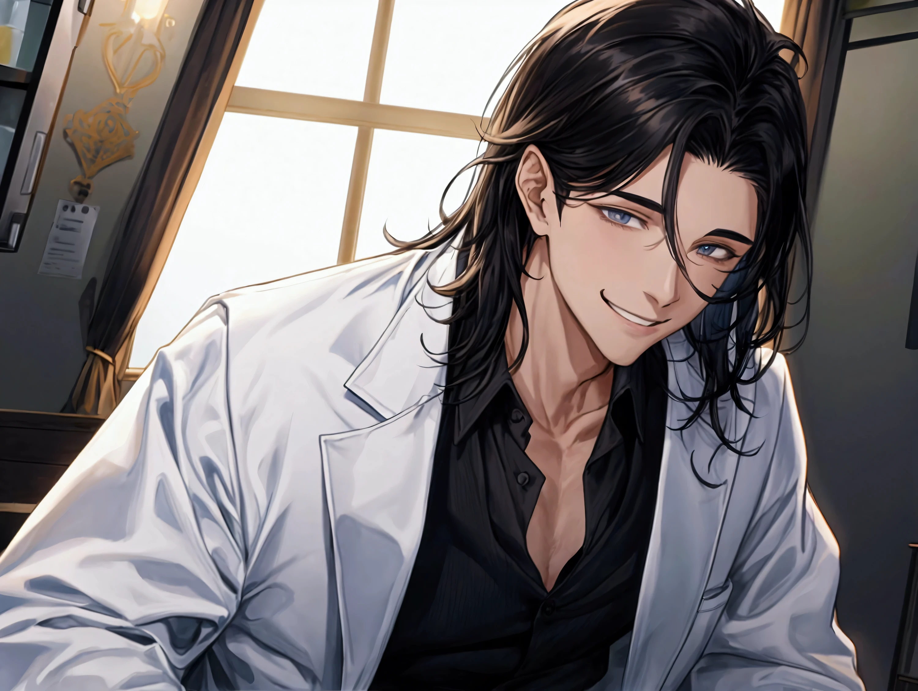 masterpiece,Dynamic Angle,Face close-up,masterpiece,30 year old mature male doctor,Horny,smile,One person、excited,transformation,Black Hair,Slightly longer hair, Scientist,Wear a white coat as a doctor's outfit,(White Undershirt 1.5),In the lab,(The background is the laboratory.),
