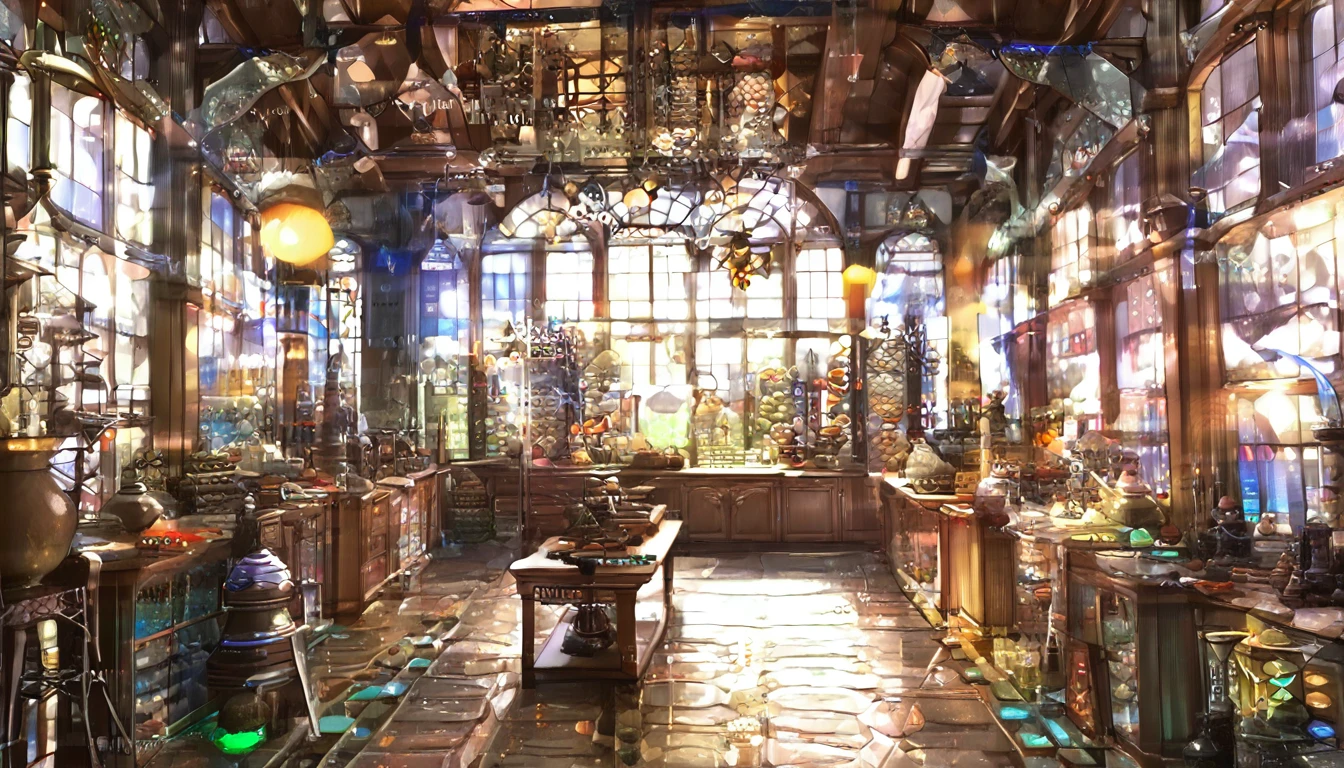 Cover page, High resolution, Highest quality, Highest quality, Paid reward available, An unparalleled masterpiece, Perfect artwork, Absurd, High quality illustrations, 超High resolution, Detailed Background, Perfect Anatomy(One boy, alone, kemono, Furry Personification, Alchemist, experiment)Many pottery, a room with many windows, In a cluttered laboratory, スチームパンクのexperiment室で, fantasy Alchemist laboratory, Inside the weapon shop, Cinema Lighting,