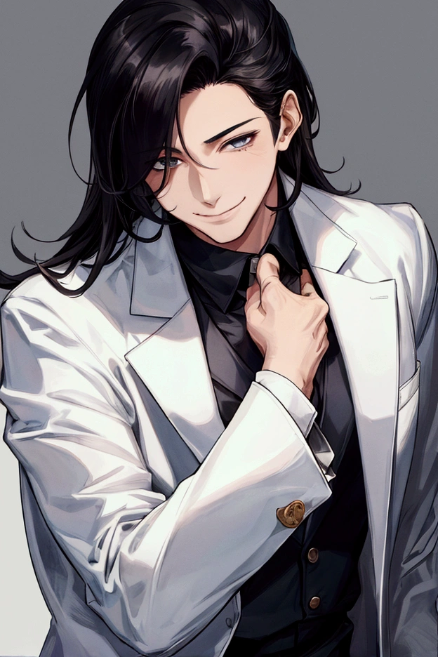 masterpiece,Dynamic Angle,Face close-up,masterpiece,30 year old mature male doctor,Horny,smile,One person、excited,transformation,Black Hair,Slightly longer hair, Scientist,Wear a white coat as a doctor's outfit,(White Undershirt 1.5),In the lab,(The background is the laboratory.),