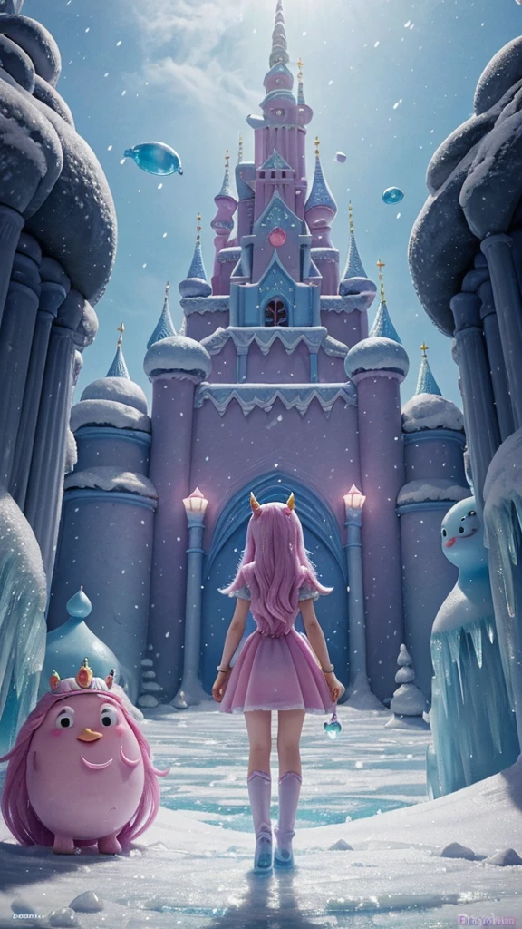 Princess Bubblegum is standing in her palace in the Kingdom of Bubblegum. Lady Rainicorn flies around the palace and the Ice King attacks the kingdom and fights Finn and Jake.