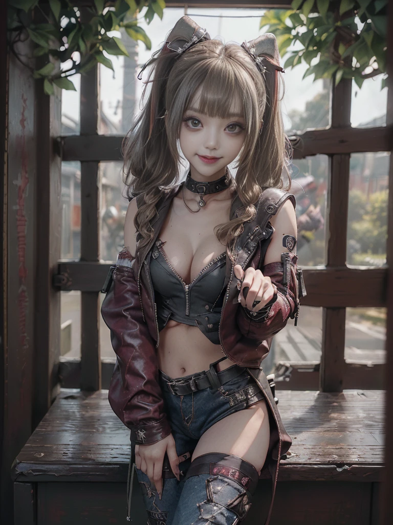 (Full body:1.2)、(Full Body View:1.3)、(Smiling with teeth showing:1.3),(Shibuya Gal:1.5)、(Beautiful:1.5)、(Punk RockVisual Kei:1.4)、(Burgundy denim with khaki and brown medieval tattered zip up:1.5)、(Wine red arm covers and tattered bugle pants:1.5)、(Wine red high heels:1.3)、(Wearing silver accessories:1.5)、(Dark brown collar:1.4)、(Leather garter belt:1.4)、(Red skin belt:1.3)、(Red lace underwear:1.5)、30 years old、NSFW、((Highest quality、In 8K、masterpiece:1.3))、Sharp focus:1.2、(Layered Cut、Huge boobs:1.1),Beautiful woman with perfect figure:1.4、(Doing an aerobics pose:1.3)、Slender Abs:1.2、Highly detailed face and skin texture、Detailed eyes、double eyelid,(Twin tails:1.3)、(Brown-golden hair:1.3)、Gravure idol、(A fairytale-like cafe with a lush tree background:1.3)、(Slim Body:1.3),(Make your legs thinner:1.4),(Thin, thin thighs:1.3)、(clavicle:1.1)