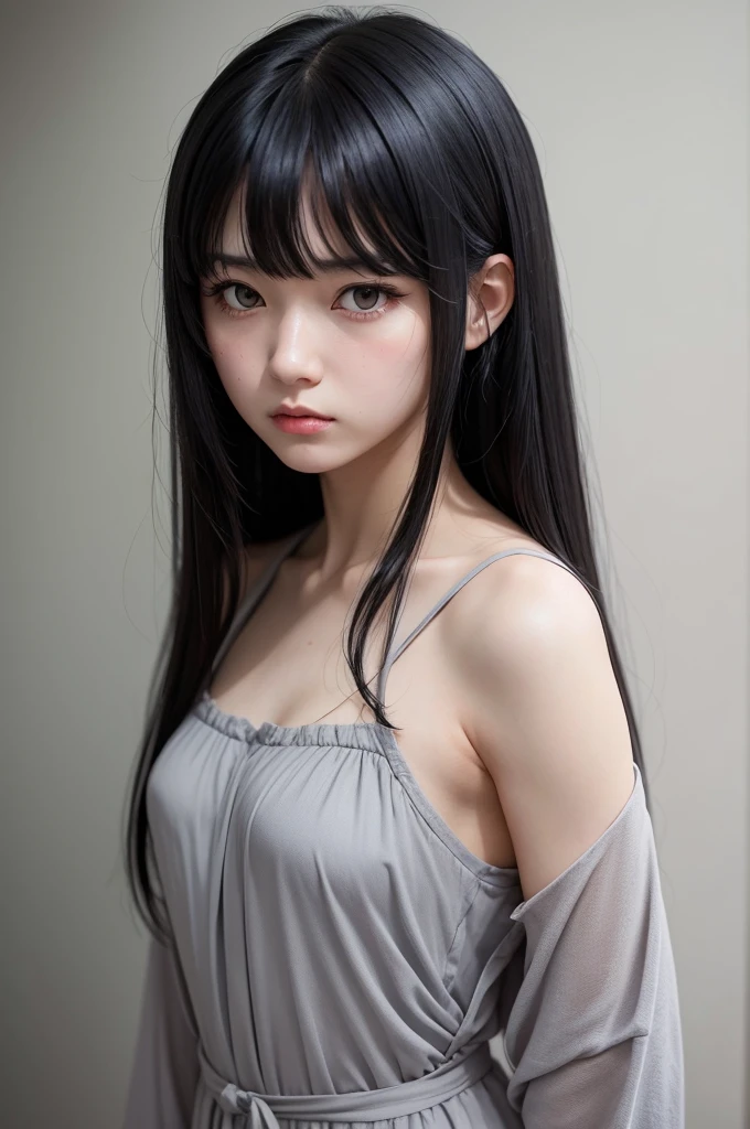 make a girl in anime, with bangs and long black hair, wearing a simple gray nightgown, with a very angry look, from the shoulder up,
