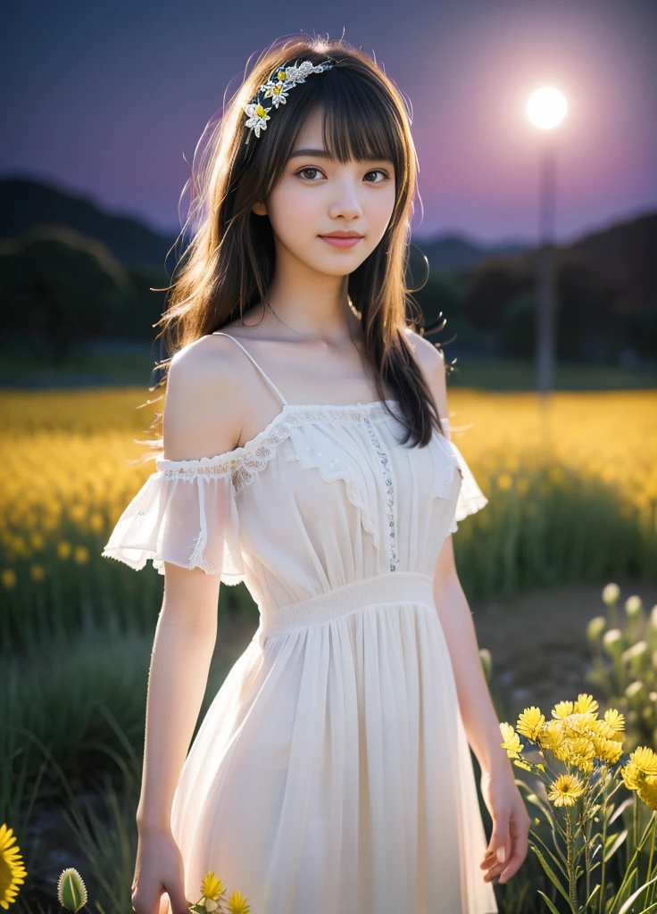 24year old beautiful girl、Beauty、Japanese、cute、beautiful girl、slim、Highest quality、Realistic、16K、panoramic、((Best Quality, 8k, Masterpiece: 1.3)), 1 girl, full body, slim face, beautiful woman, ((Tabletop:1.4, Highest quality)), (Realistic photos:1.4),
((1 girl)), (Pure actress), (dream-like),
(超High resolution:1.2), Very delicate and beautiful, wonderful, Highly detailed CG Unity 8K wallpapers, Very detailed, High resolution,
Soft Light, Beautiful detailed girl, Very detailed目と顔, Beautiful and detailed nose, Beautiful and detailed,
(Wear a thin white dress:1.3),
Cinema Lighting, Perfect Anatomy, Slender body, (Parted bangs),
(A girl standing in a flower field on the plateau at night:1.3), (Night view:1.3), (Moonlit flower field々:1.3), (Outdoor), (Light and dark contrast), (Wonderful beauty),
Cowboy Shot, Looking at the audience, (smile)
Back view