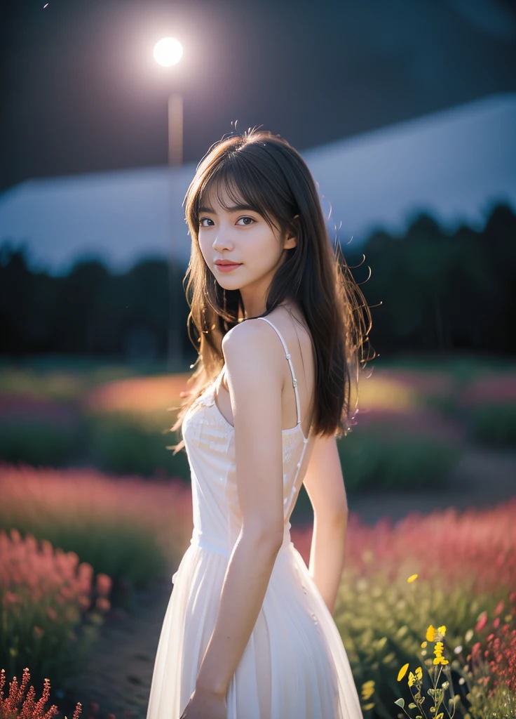 24year old beautiful girl、Beauty、Japanese、cute、beautiful girl、slim、Highest quality、Realistic、16K、panoramic、((Best Quality, 8k, Masterpiece: 1.3)), 1 girl, full body, slim face, beautiful woman, ((Tabletop:1.4, Highest quality)), (Realistic photos:1.4), 
((1 girl)), (Pure actress), (dream-like),
(超High resolution:1.2), Very delicate and beautiful, wonderful, Highly detailed CG Unity 8K wallpapers, Very detailed, High resolution, 
Soft Light, Beautiful detailed girl, Very detailed目と顔, Beautiful and detailed nose, Beautiful and detailed, 
(Wear a thin white dress:1.3), 
Cinema Lighting, Perfect Anatomy, Slender body, (Parted bangs),
(A girl standing in a flower field on the plateau at night:1.3), (Night view:1.3), (Moonlit flower field々:1.3), (Outdoor), (Light and dark contrast), (Wonderful beauty),
Cowboy Shot, Looking at the audience, (smile)
Back view