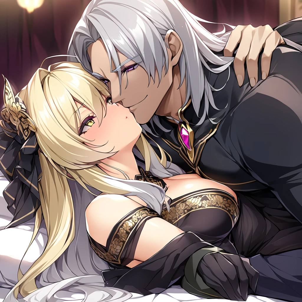 ((Highest quality)), ((masterpiece)), (detailed), （Perfect Face）、The woman has dark complexion, medium-long silver hair, is wearing a luxurious black costume with gold embroidery and trim, and has an engagement ring.、The man is the evil leader, Naioro, a handsome man with medium-long blonde hair.、On a luxurious bed, the silver-haired woman, Extia, is lying naked on top of the handsome man, Naioro, with his long blonde hair, and they happily have sex in the cowgirl position, kissing and making love deeply.、A man and a woman are a deeply loving couple