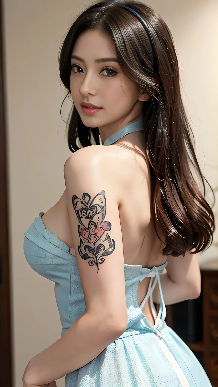 ((Top Quality, 8k, Masterpiece: 1.3)), (A beauty girl with tattoos on her body, beautiful tattoo art detailed), ((text tattoo on her body: love)), detailed beautiful eyes, big breast, Beauty, 1 Girl, Big tit:1.3, Slender Abs: 1.1, Dark Brown Hair, Ultra Detailed Face, Highly Detailed Lips, Detailed Eyes, Double Eyelids, No makeup, Near and far law, depth of fields, A hyper-realistic,(Japanese maid dress)