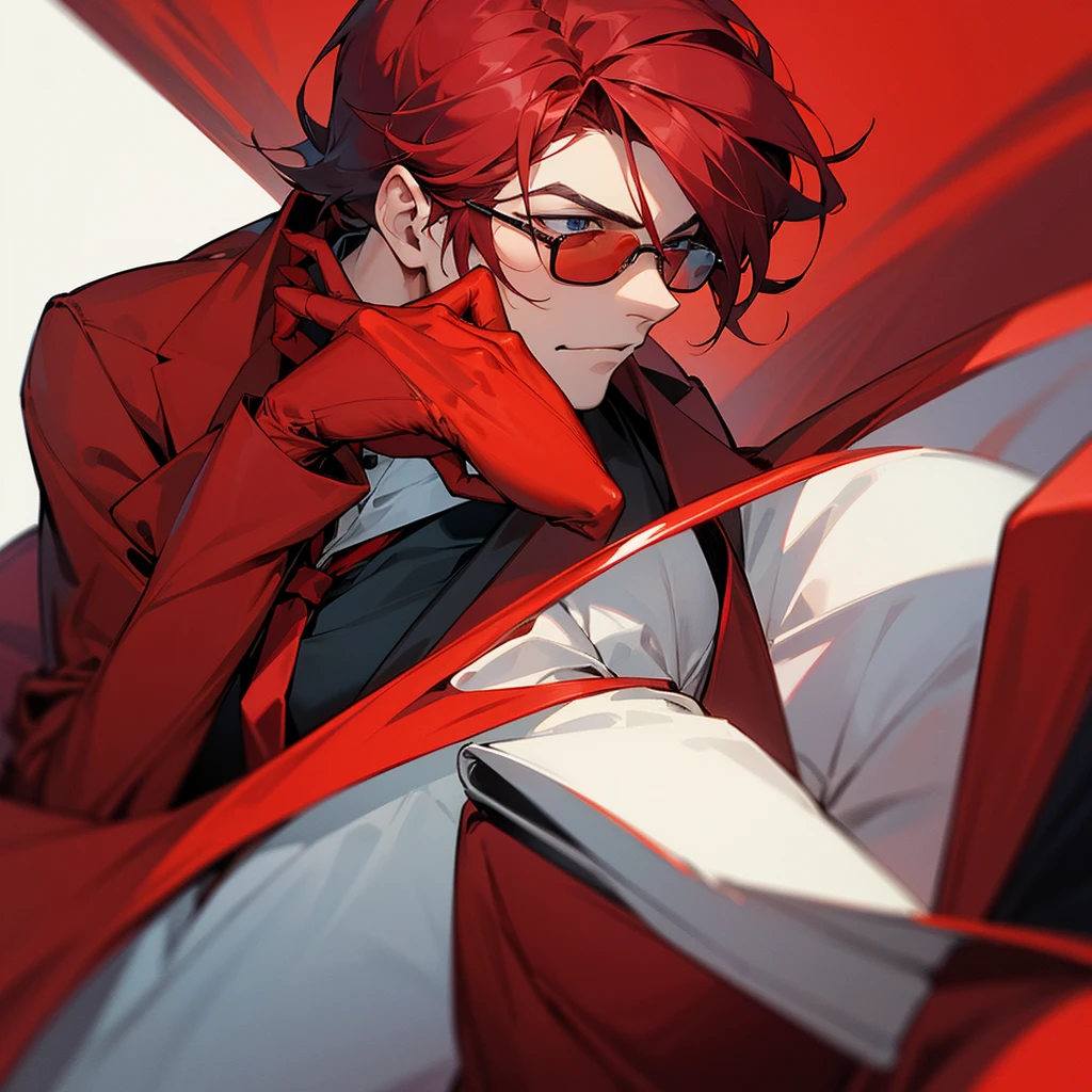 Handsome man, ผมทรงทูบล็อค, dark glasses, red hair, wearing a red suit. White shirt, red tie, sports car in the background, ไม่มีหนวด