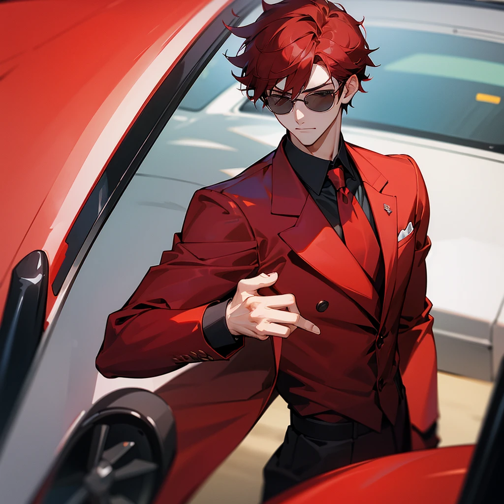 Handsome man, ผมทรงทูบล็อค, dark glasses, red hair, wearing a red suit. White shirt, red tie, sports car in the background, ไม่มีหนวด