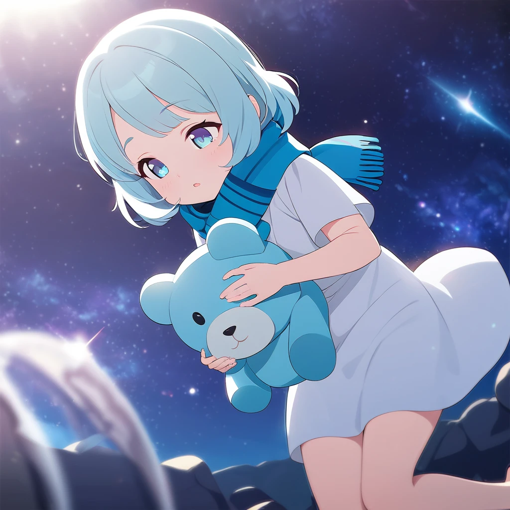 (((masterpiece))), (((best quality))),(((high detail))),light manipulation, girl with cyan hair, gradient blue to cyan eyes, wearing a white dress, a blue scarf, (((loli))), (((child))) , galaxy background, holding a aqua teddy bear, feet, no footwear,aquatic
