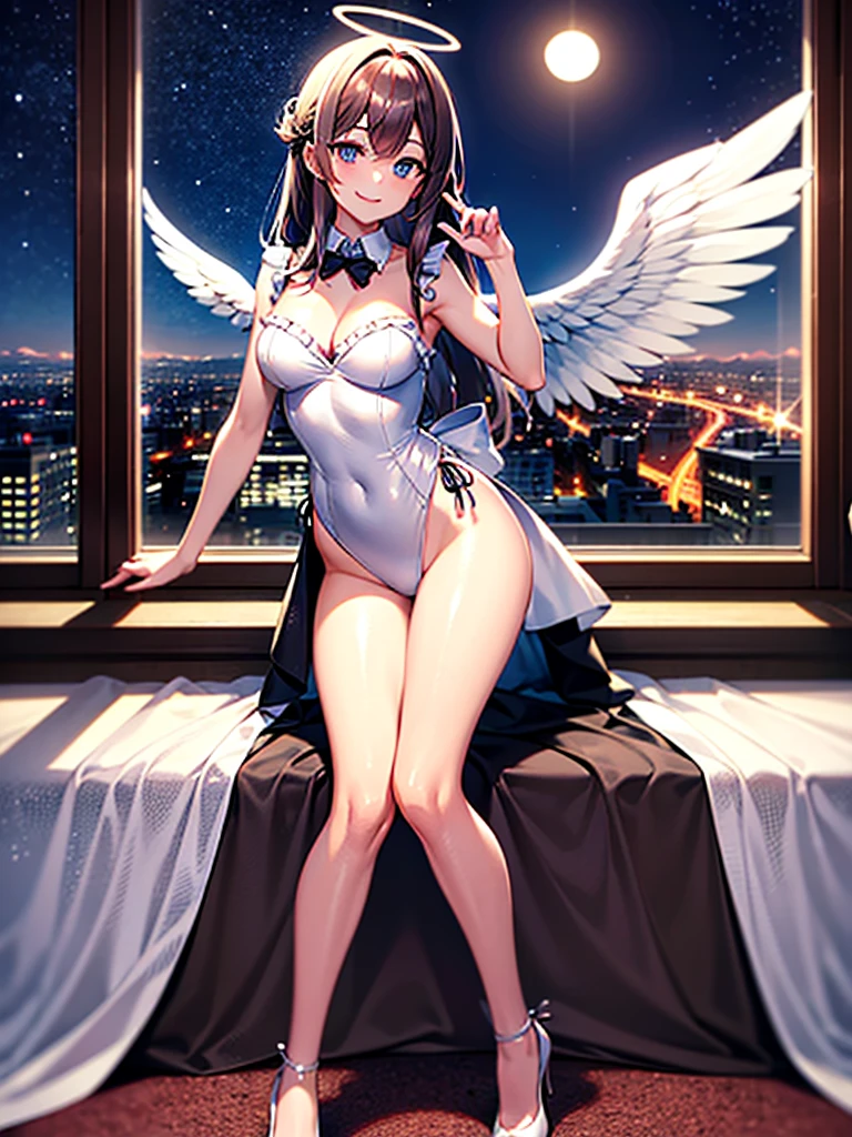 Highest Resolution,8K quality,Smiling beautiful girl in maid leotard,High leg,Frills,White angel wings on your back,Halo,Bedroom,Night view outside the window,Very beautiful eyes,whole body,front,