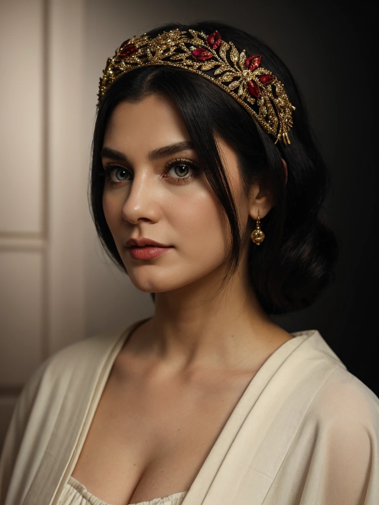 Best quality, masterpiece, ultra high res, (photorealistic:1.5), raw photo, 1 mature Ancient European Orthodox girl, white kimono, in the dark, deep shadow, low key, cold light, sexy look, black hair with Byzantium style headdress (((black hair))), bright eyes, yin sanpaku eyes, eyeshadow, (((plain red background))), cinematic studio lighting