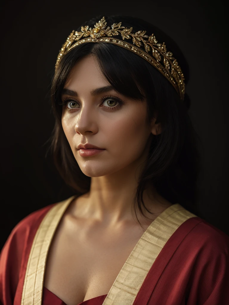 Best quality, masterpiece, ultra high res, (photorealistic:1.5), raw photo, 1 mature Ancient European Orthodox girl, white kimono, in the dark, deep shadow, low key, cold light, sexy look, black hair with Byzantium style headdress (((black hair))), bright eyes, yin sanpaku eyes, eyeshadow, (((plain red background))), cinematic studio lighting