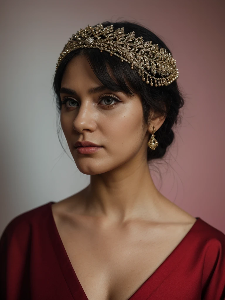 Best quality, masterpiece, ultra high res, (photorealistic:1.5), raw photo, 1 mature Ancient European Orthodox girl, white kimono, in the dark, deep shadow, low key, cold light, sexy look, black hair with Byzantium style headdress (((black hair))), bright eyes, yin sanpaku eyes, eyeshadow, (((plain red background))), cinematic studio lighting