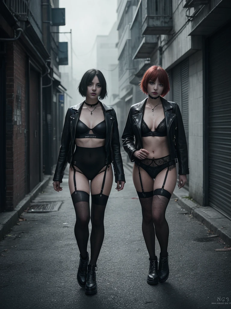 (Best Quality,hight resolution,Masterpiece, half body shot:1.2),Ultra-detailed, woman dressed in black g string thong and leather jacket,sickly,walking towards the camera in a dark cyberpunk alley at night, she's wearing a very sexy high waisted g-string thong and a leather jacket, blurred cyberpunk alley at night in the background, thong lingerie, minimalistic g-string thong, perfect body, sensual pose, noir aesthetic, open legs, full body shot, horror vibes, centered subject,gloomy ecstasy,fetish,dark gloomy atmosphere, creepy atmosphere, gritty texture,Retro-atmosphere,warped reality,melancholic expression on his face,mysterious aura,foggy atmosphere,foggy background,Subtle color palette,provocative pose,Strong emotions,Coming Out of the Depths of Despair,Piercing gaze,intense shadows,Plunged in Darkness,dark industrial aesthetic,ominous vibe,A supernatural sensation,Loss of Place in Time and Space,Eerie silence.asymmetrical bangs, freckles, red short hair, Bangs, freckles, gray eyes,