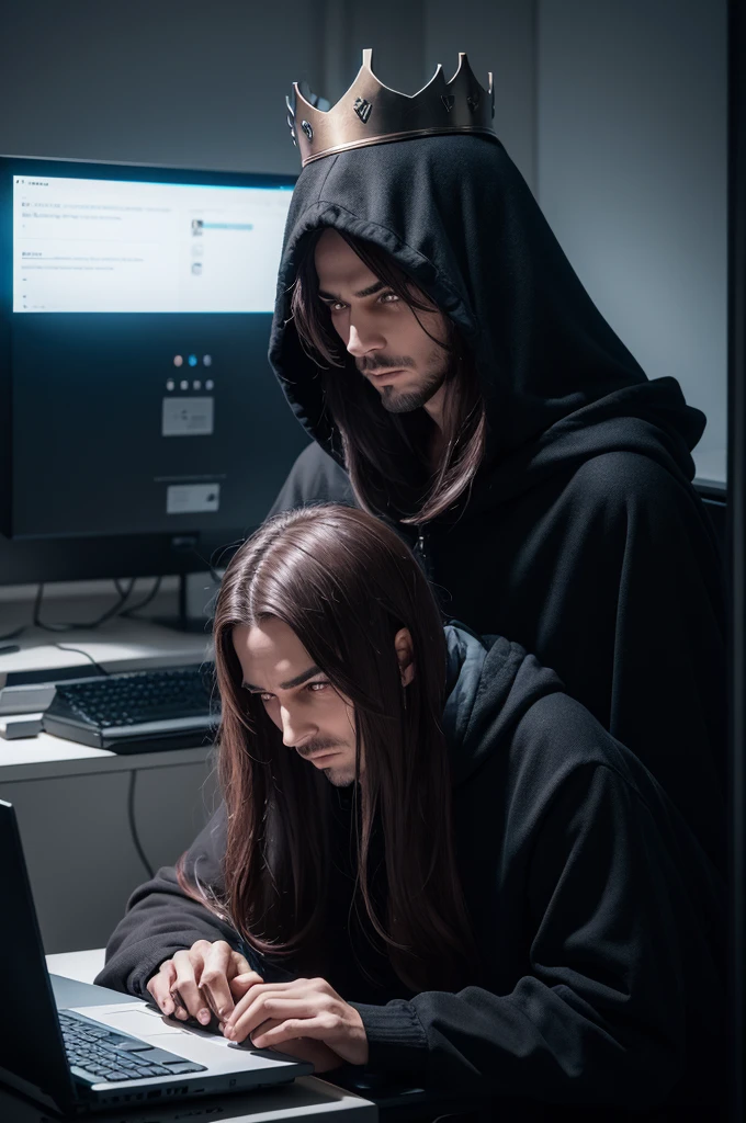 naughty man, serious, tenebrosa, wearing hood, ombre, crown on head, Computer in hand