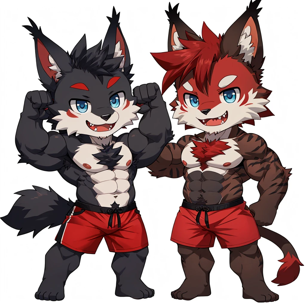 ((Furry lynx cat)), ((chibi)), chibi, chibi, chibi, chibi, body fully covered in black fur, ((fully covered in black fur)), ((black fur)), sharp fangs, sharp teeth, summer shorts outfit, cute, blue eyes, red chest hair, red eyebrows, red armpit hair, black nose, black tail, black tail with red tip, red whiskers, happy, smile, correct Anatomy, correct hand, ((white background)), (Acting happy), (hands up), enjoy, ((front view)), full body, sexy, (flexing), (muscle), black tail, black tail red tail tip, red eyebrows, red chest hair, red armpit hair, chibi, chibi, chibi, chibi