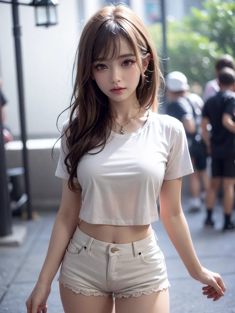(((Open Stance)))、Large bust、 ((White lace T-shirt)), Gazing at the audience、((White shorts))、Standing with legs open to the sides、((Sexy young woman's body:1.4)),