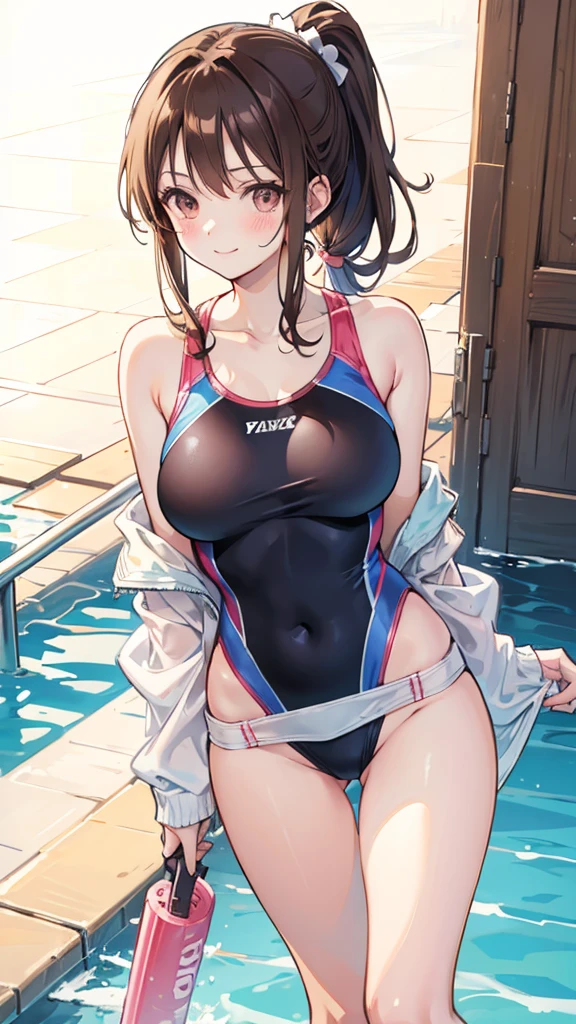 One piece type competitive swimsuit Brown hair ponytail Great style blush smile Standing facing forward Up to the knee